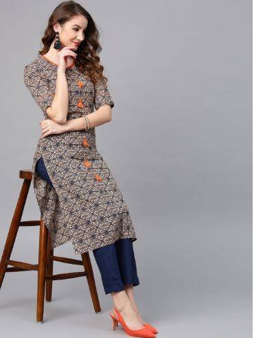 AKS Women Beige & Navy Printed Straight Kurta